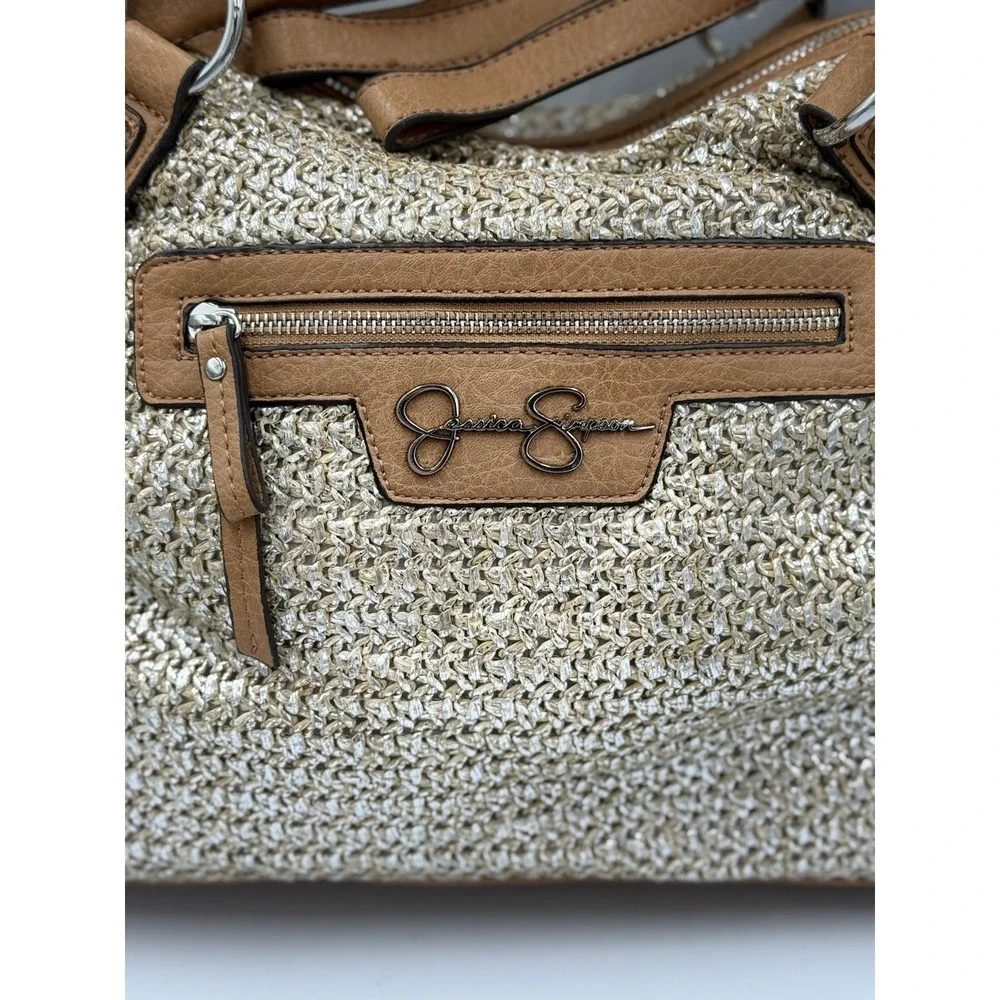Jessica Simpson Christina Satchel Shoulder Bag Tan Straw Faux Leather Tassel NWT